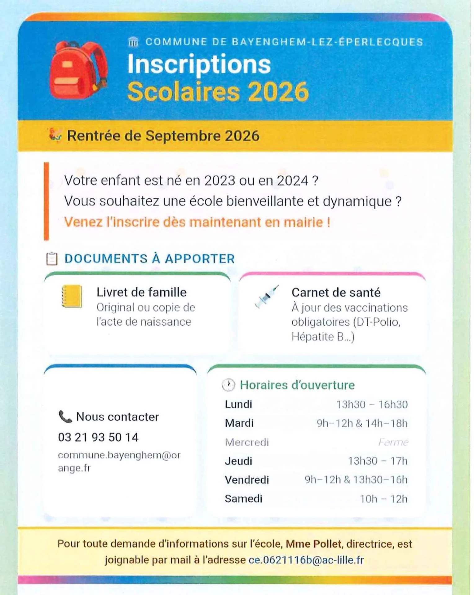 Inscriptions scolaires 2026