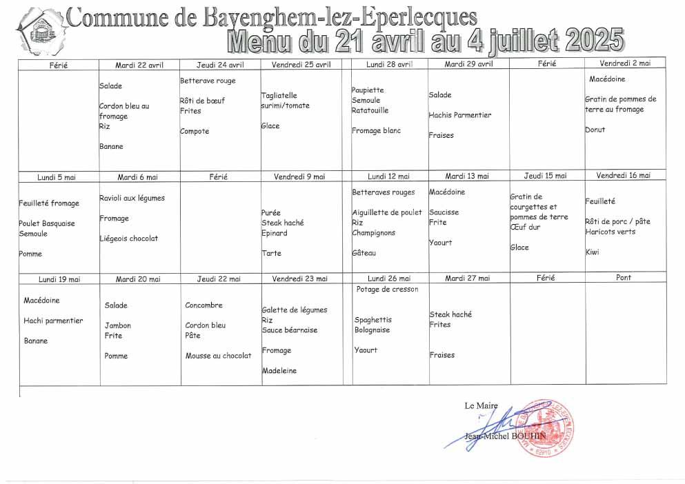 Menus du 21 avril au 4 juillet 1