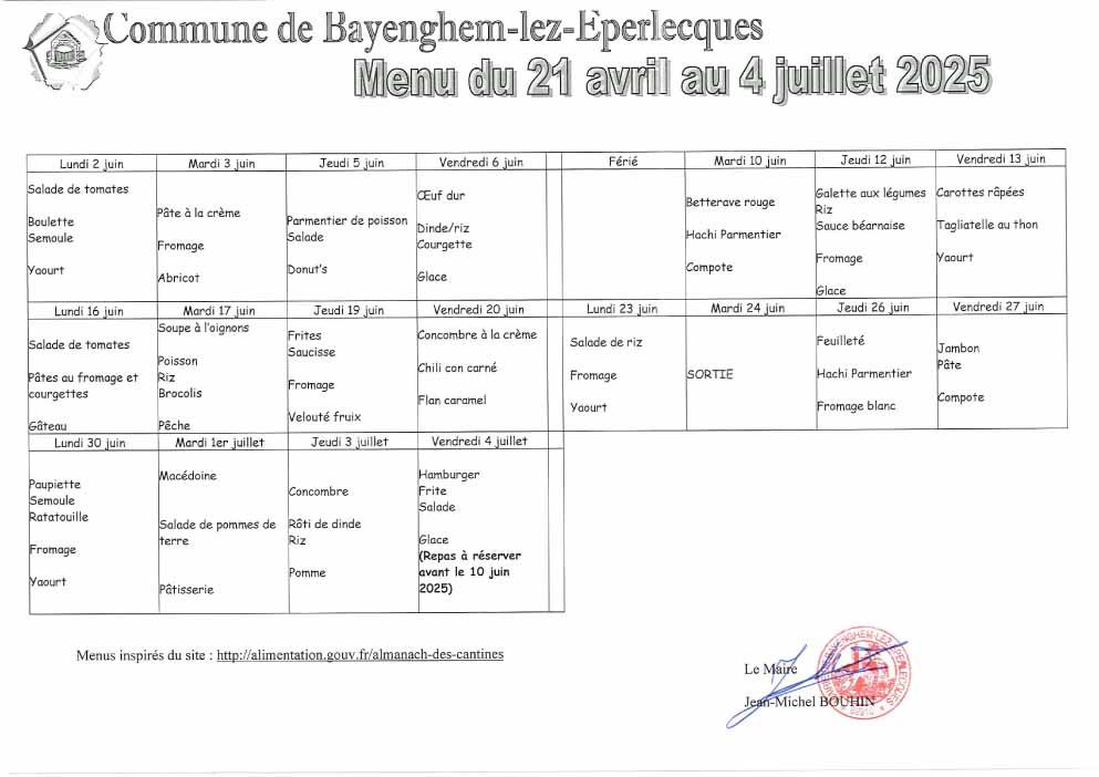 Menus du 21 avril au 4 juillet 2