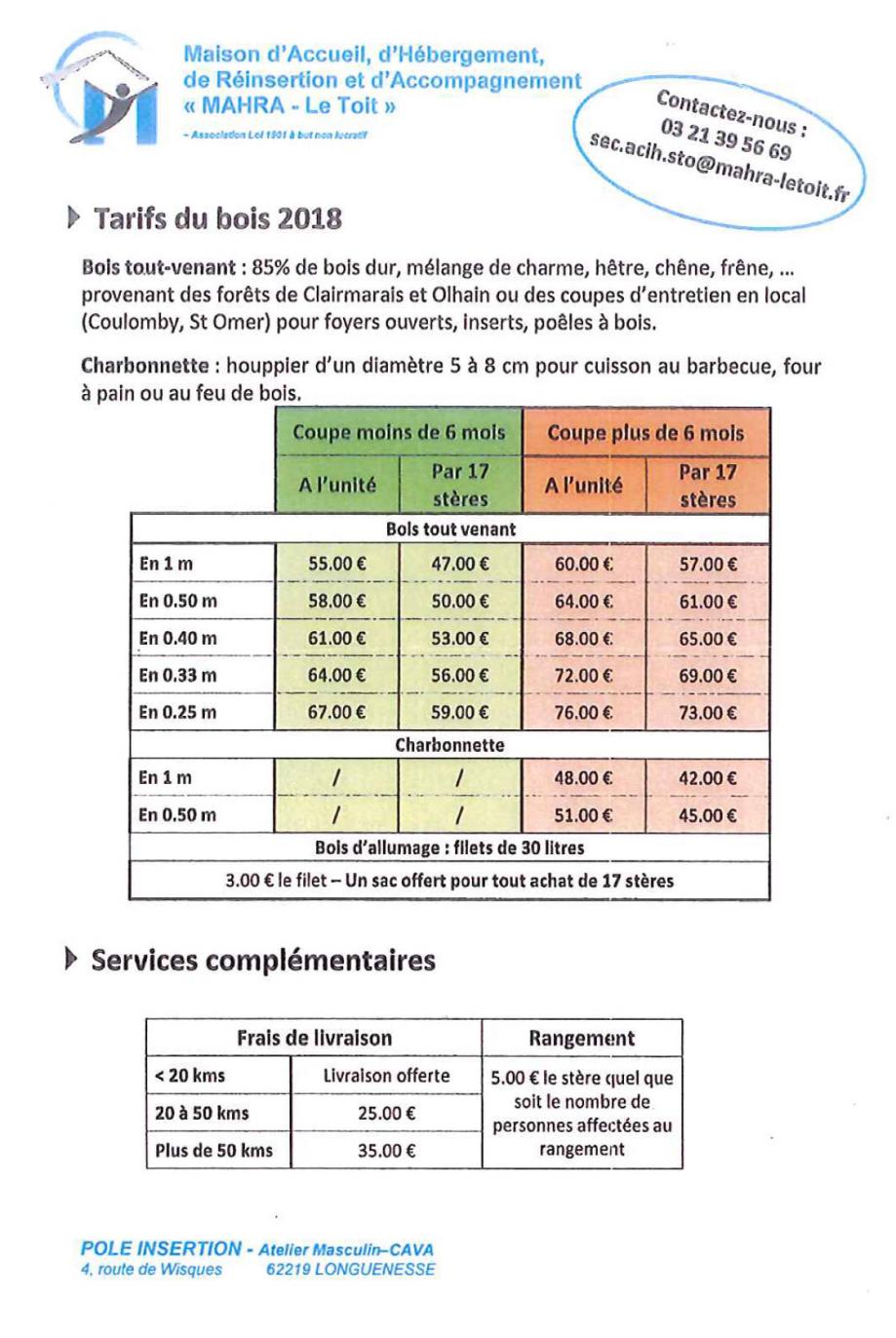 Tarifs bois 2018